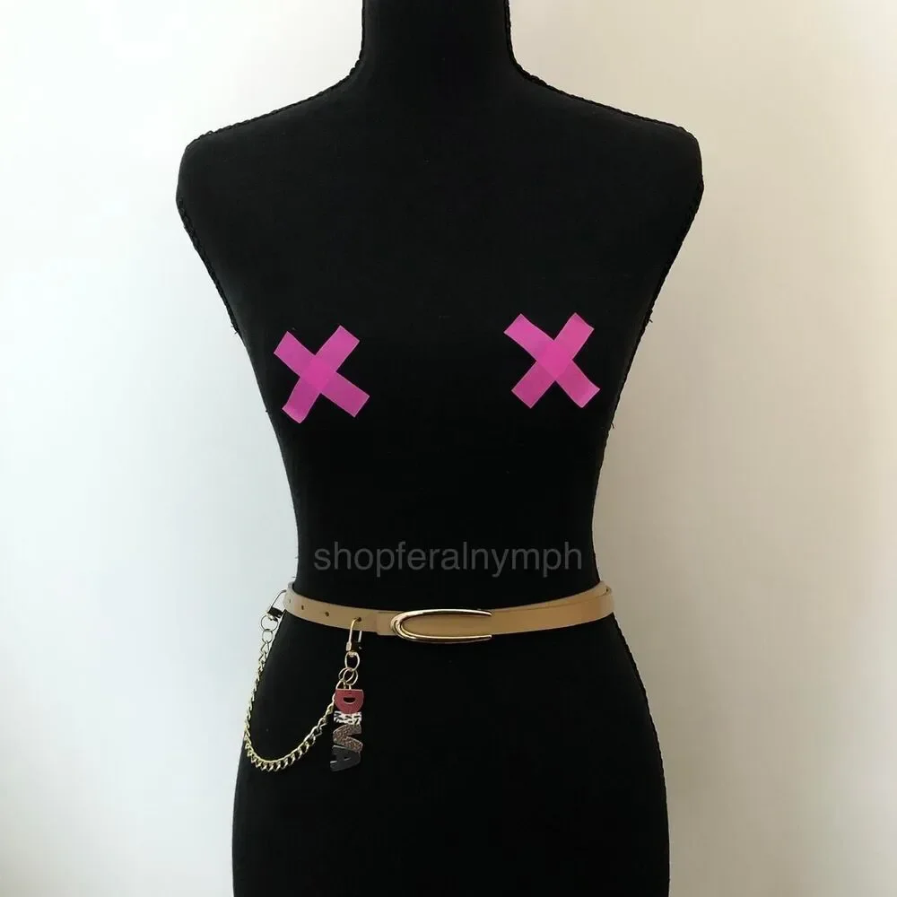 Tan Y2K Diva Charm Skinny Faux Leather Chain Belt, Fits 36.5-39 Inches, X7GA1239